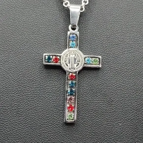 925 Silver Necklace W/ Jesus Cross Multicolor Gemstones Anniversary Birthday NEW